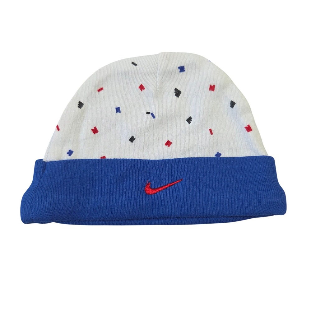 Nike Baby Beanie Hat 0-6M White Blue Confetti Cotton Knit Swoosh Logo Streetwear
